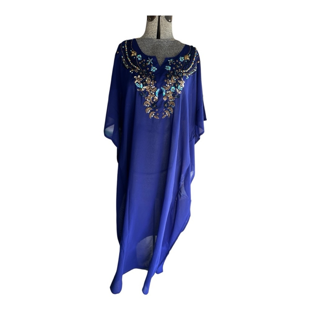 NWT Miss Lavish London Blue Embroidered Maxi Coverup Boho Resort Vacation Caftan